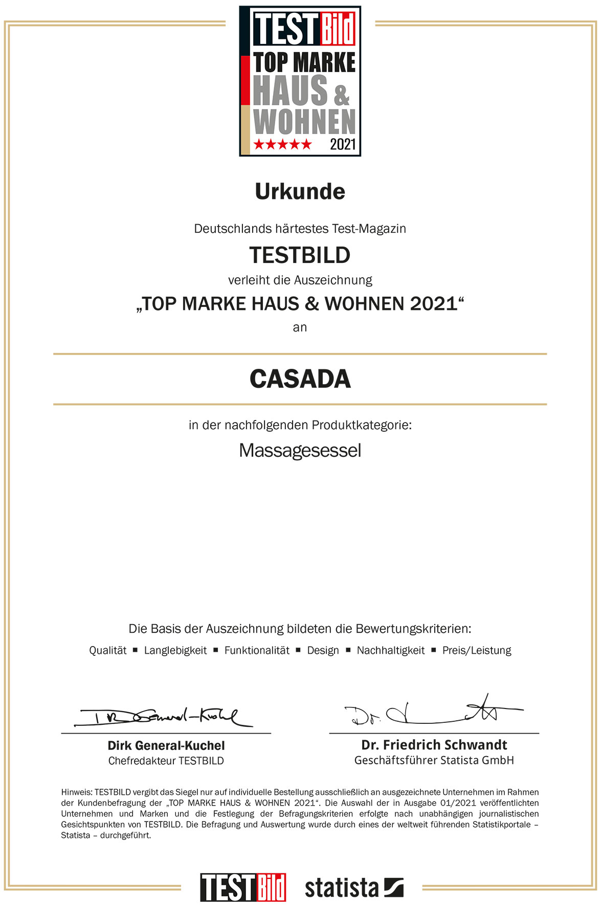 TESTBILD Urkunde - Top Marke 2021 Casada